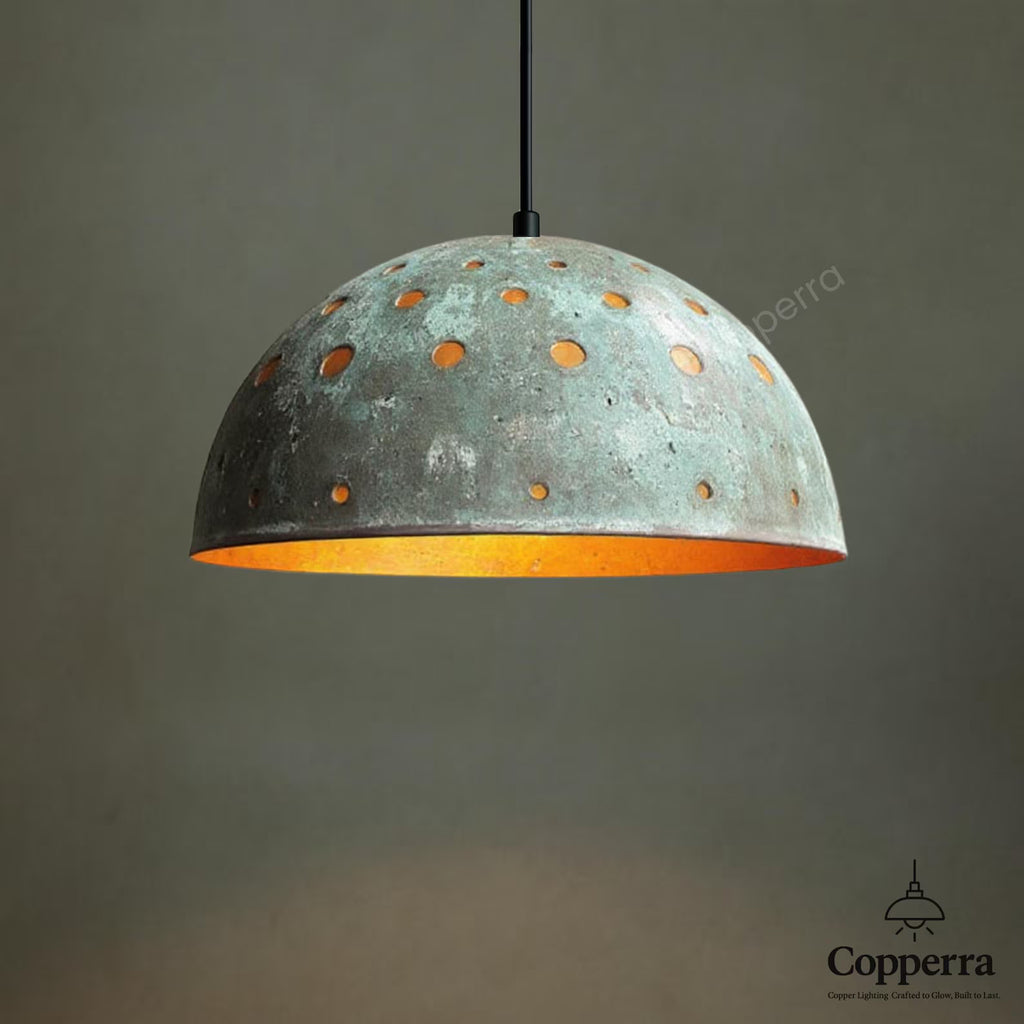 Rustic Copper Pendant Light with Green Patina