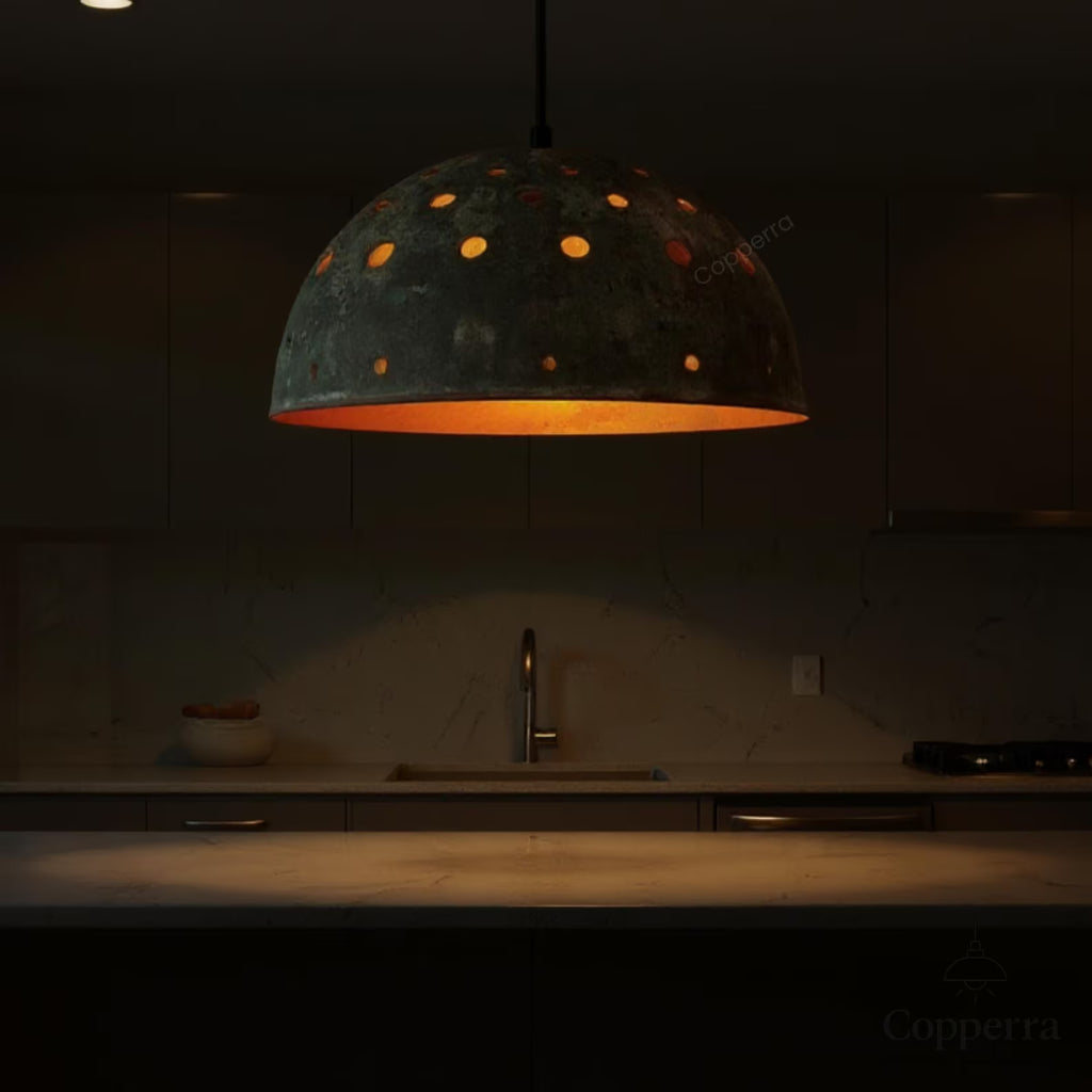 Rustic Copper Pendant Light with Green Patina