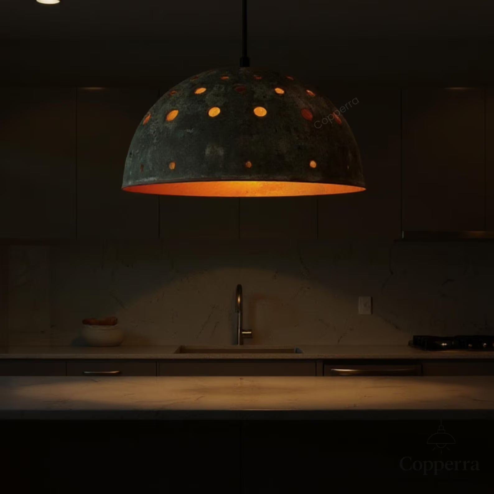 Rustic Copper Pendant Light with Green Patina