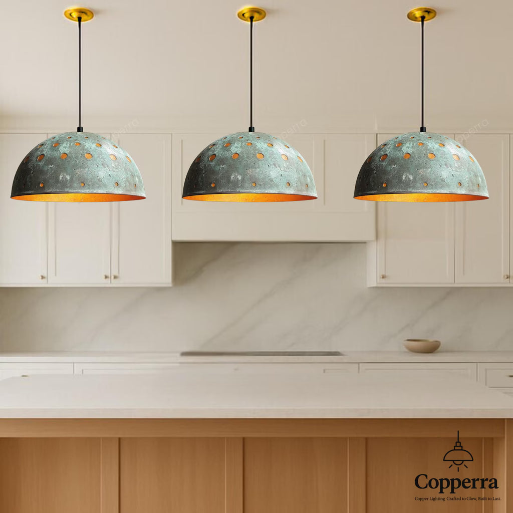 Rustic Copper Pendant Light with Green Patina