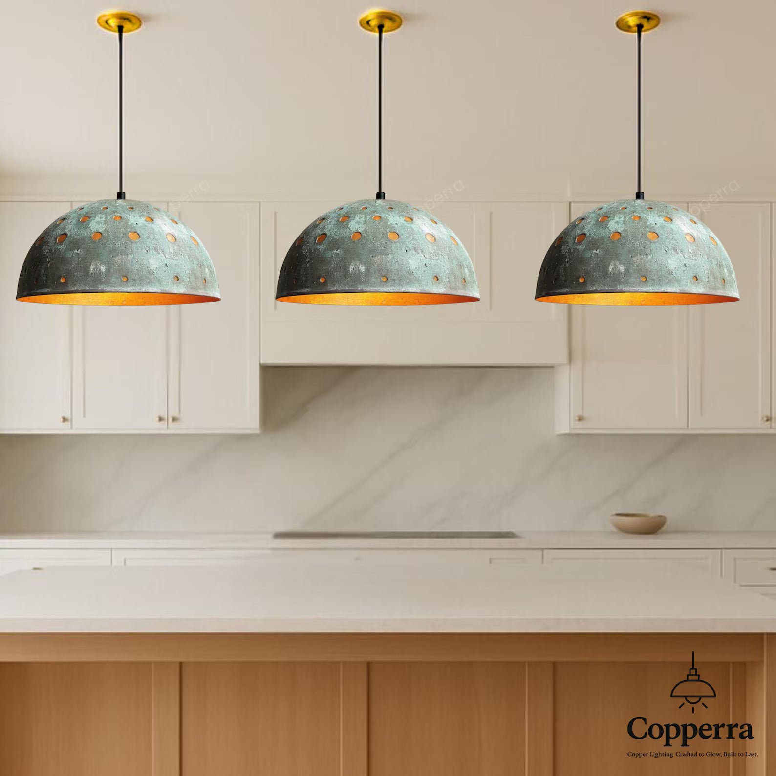 Rustic Copper Pendant Light with Green Patina